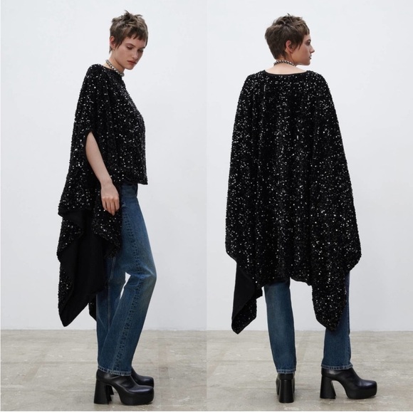 Rare and hard to find ZARA LIMITED EDITION SEQUIN CAPE / WOOL KNIT PONCHO BLACK - Picture 6 of 17